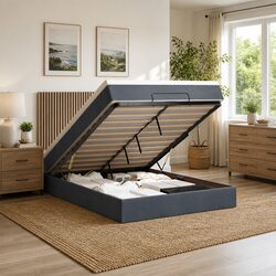 Ottoman Bed Queen Size Grey Velvet Storage Mattress Topper LED Lights Hydraulic