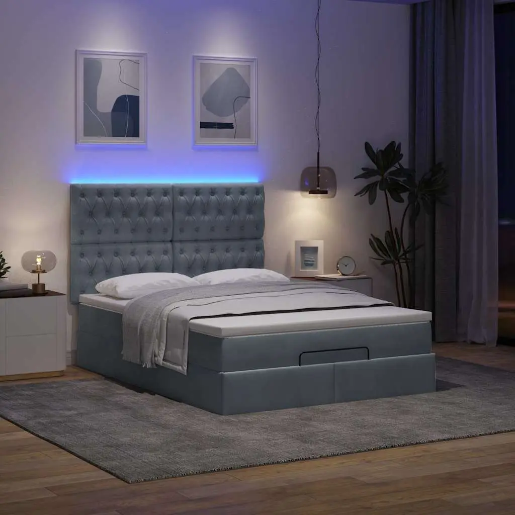 Ottoman Bed Queen Size Grey Velvet Storage Hydraulic Lift with Pocket Spring Mattress and Adjustable LED Lights