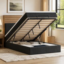 Ottoman Bed with Pocket Spring Mattresses LED Lights King Single Black Velvet