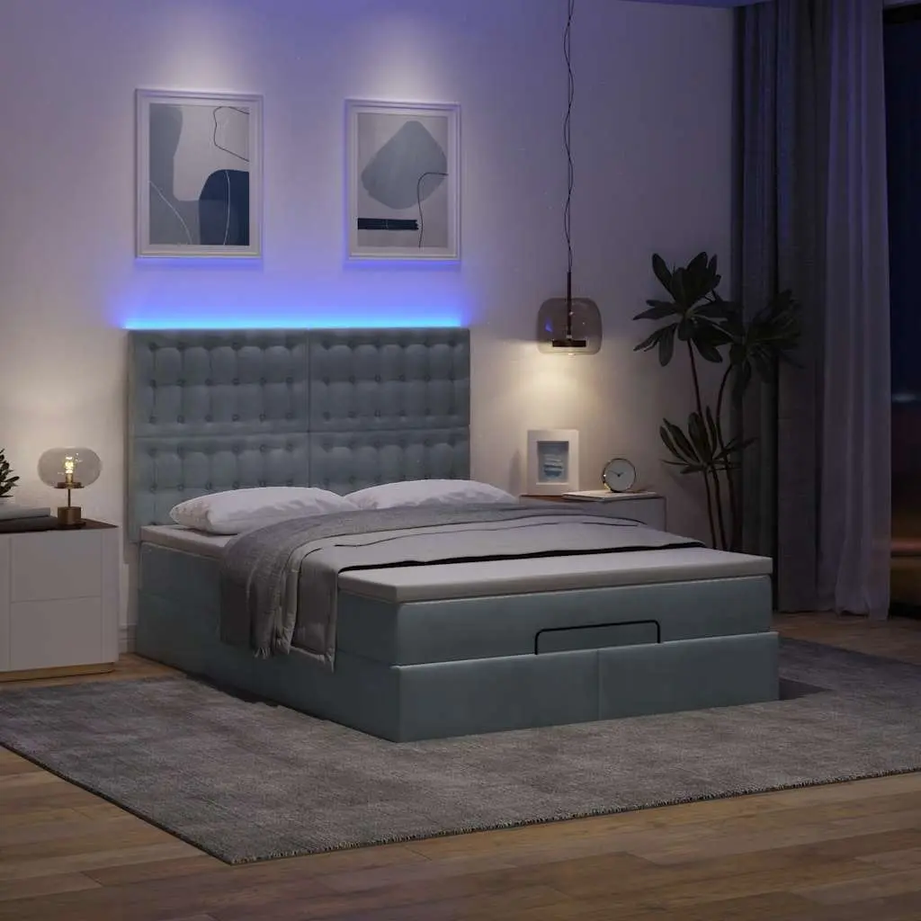 Ottoman Bed Double Velvet with Pocket Spring Mattress and Hydraulic Storage and Adjustable LED Lights Grey