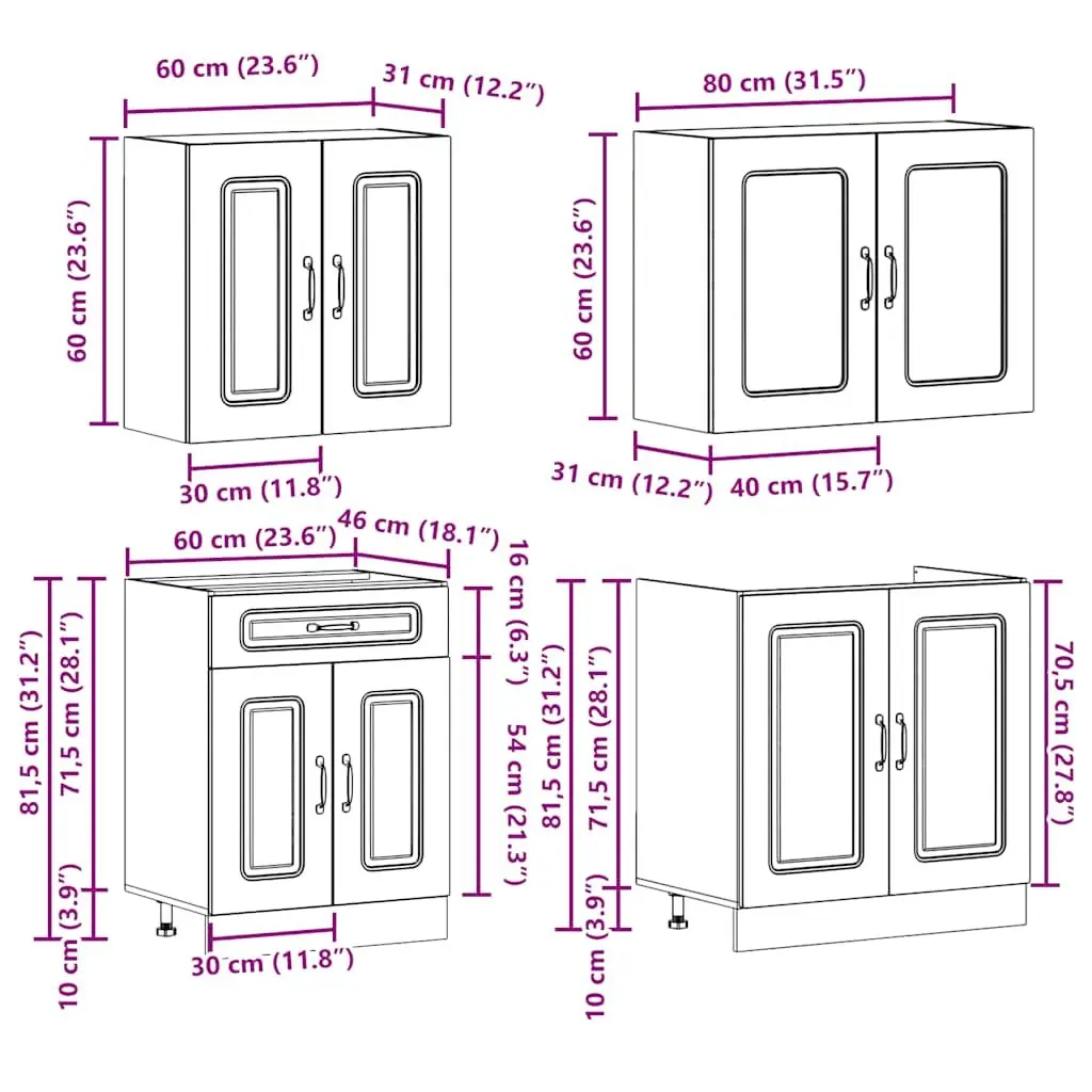 4 Piece White Engineered Wood Kitchen Cabinet Storage Set with Adjustable Feet and Multiple Compartments