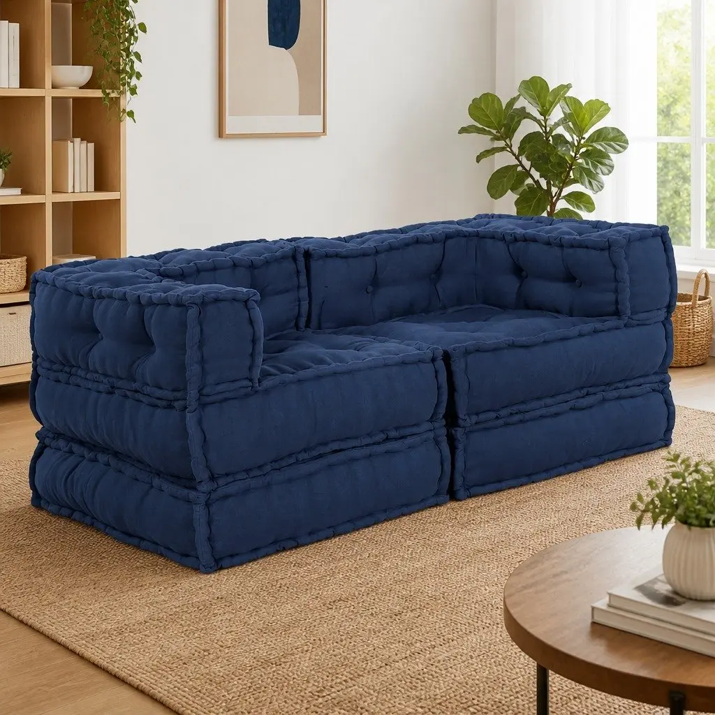 Modular Sofa Unit 2 Pieces Blue Fabric Breathable Upholstery Indoor Outdoor