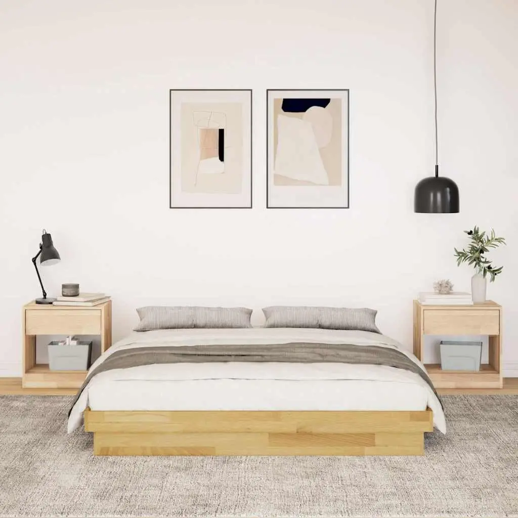 Bed Frame 135x190 cm Low Floor Solid Oak Wood Slatted Base