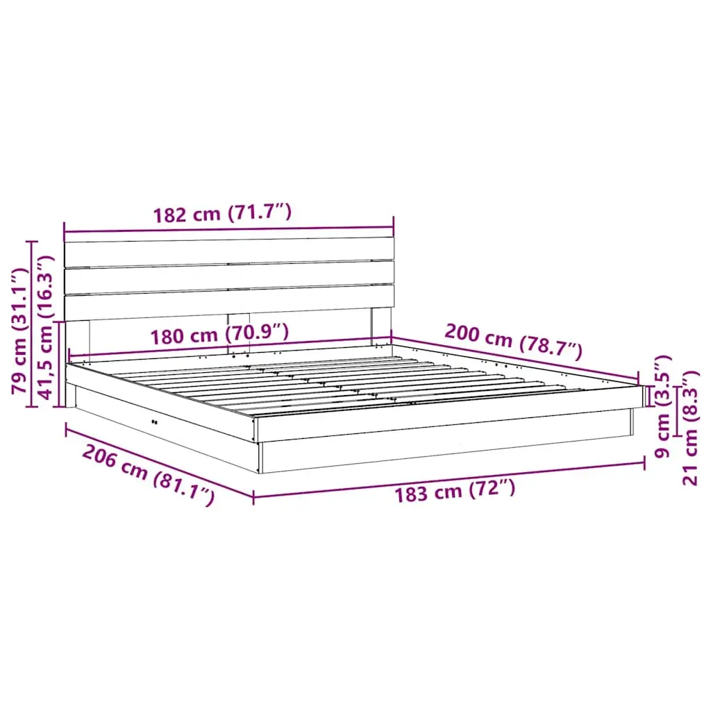 Solid Wood Bed Frame 180x200 cm Low Platform with Headboard