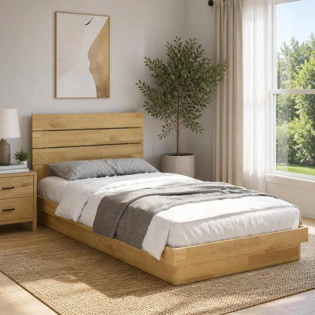Solid Wood Oak Bed Frame 90x190 cm with Headboard Slatted Base