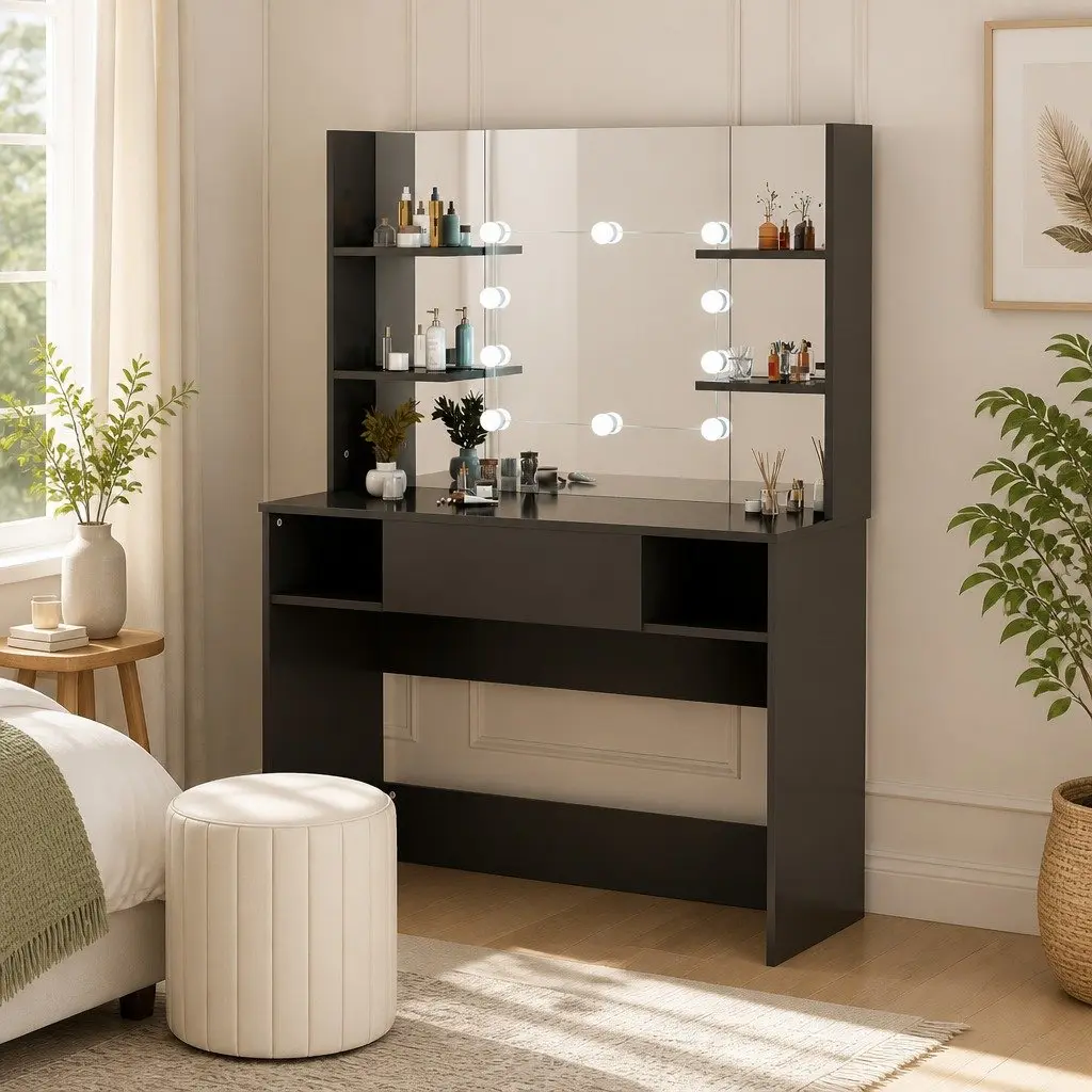 Black Makeup Vanity Table with LED Lights Integrated Mirror Spacious Work Surface