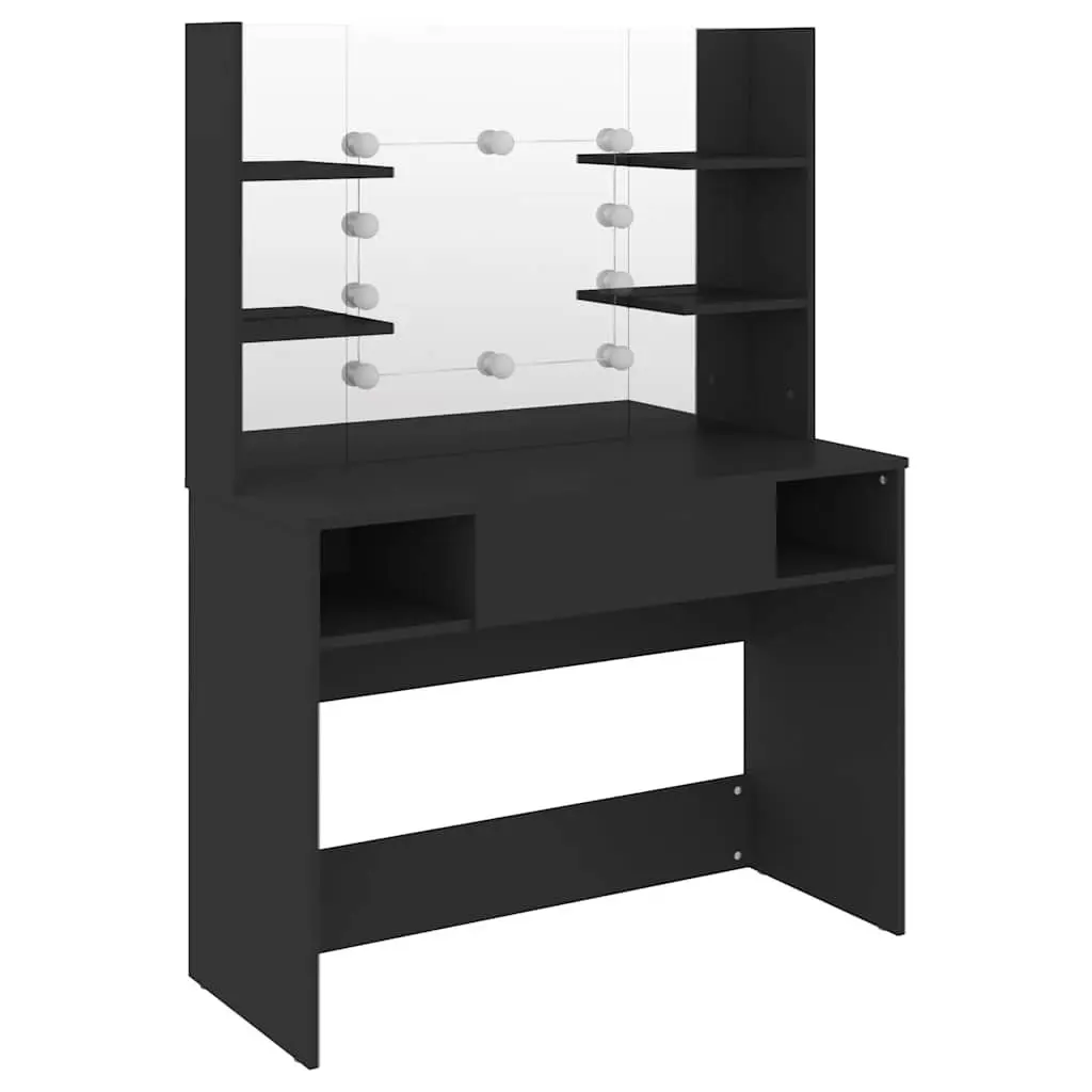 Black Makeup Vanity Table with LED Lights Integrated Mirror Spacious Work Surface