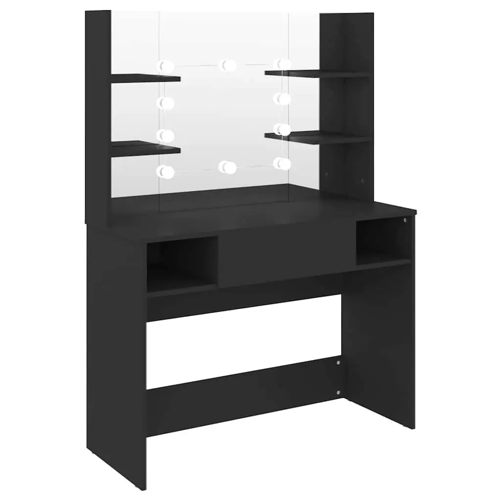 Black Makeup Vanity Table with LED Lights Integrated Mirror Spacious Work Surface