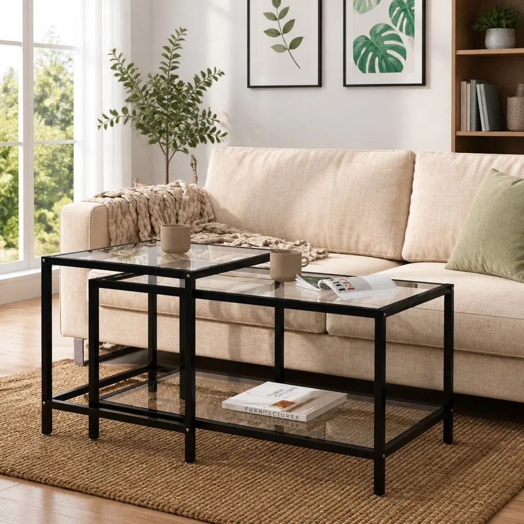 Tempered Glass Tea Tables Set of 2 Transparent Industrial Style Side End Coffee Accent Furniture