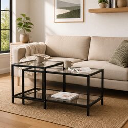 Tea Tables Set of 2 Tempered Glass Top Black Side Accent End Tables Nesting