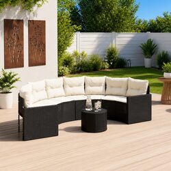 Half-Round Garden Sofa Set with Coffee Table and Cushions Black Outdoor Patio