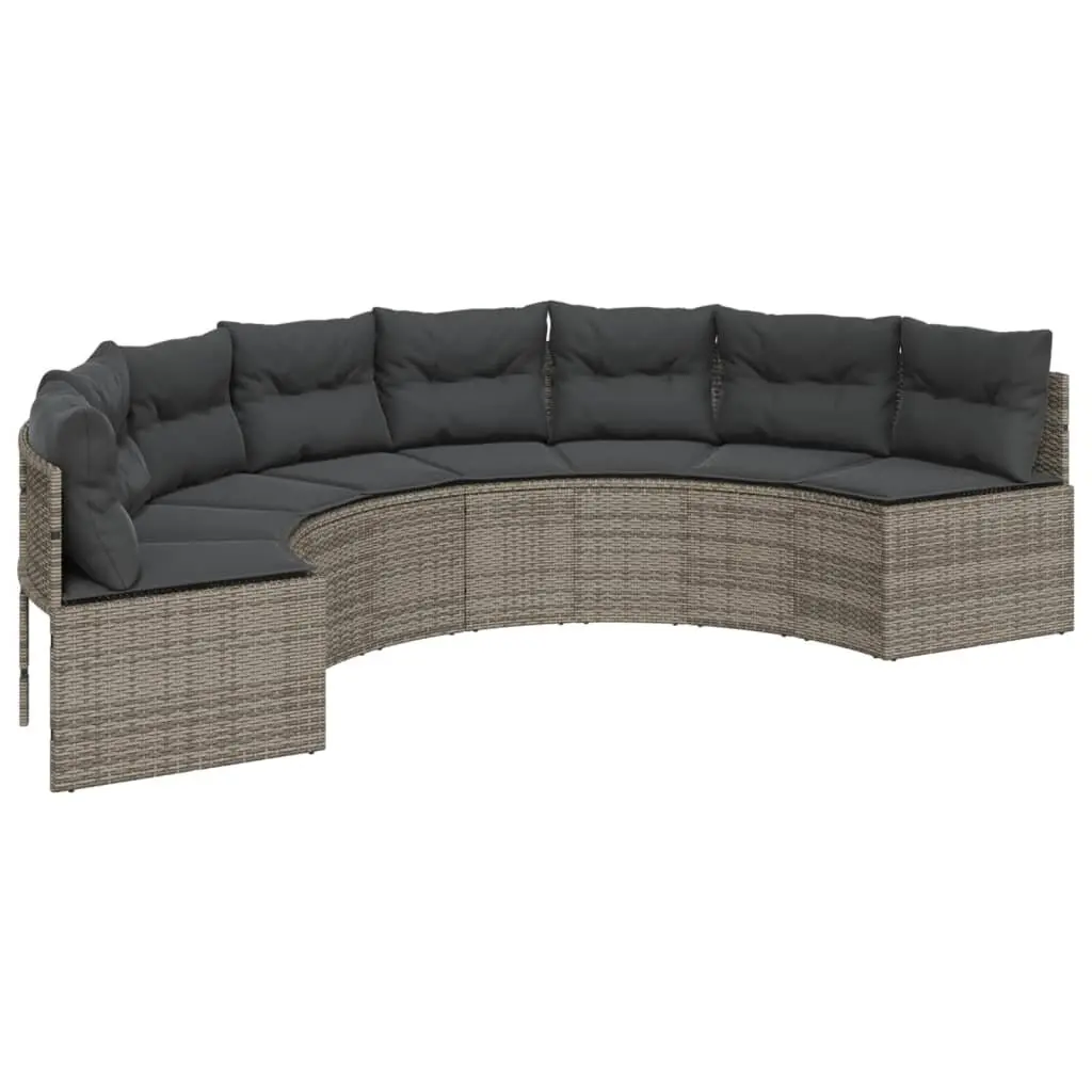 Half-Round Garden Sofa Set Grey Poly Rattan Outdoor Furniture with Cushions and Table
