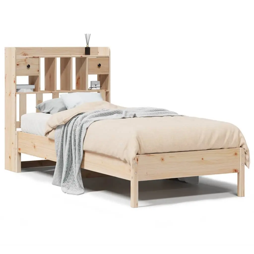 Bookcase Bed Frame 90x190cm Solid Pine Wood Integrated Storage Slatted Base