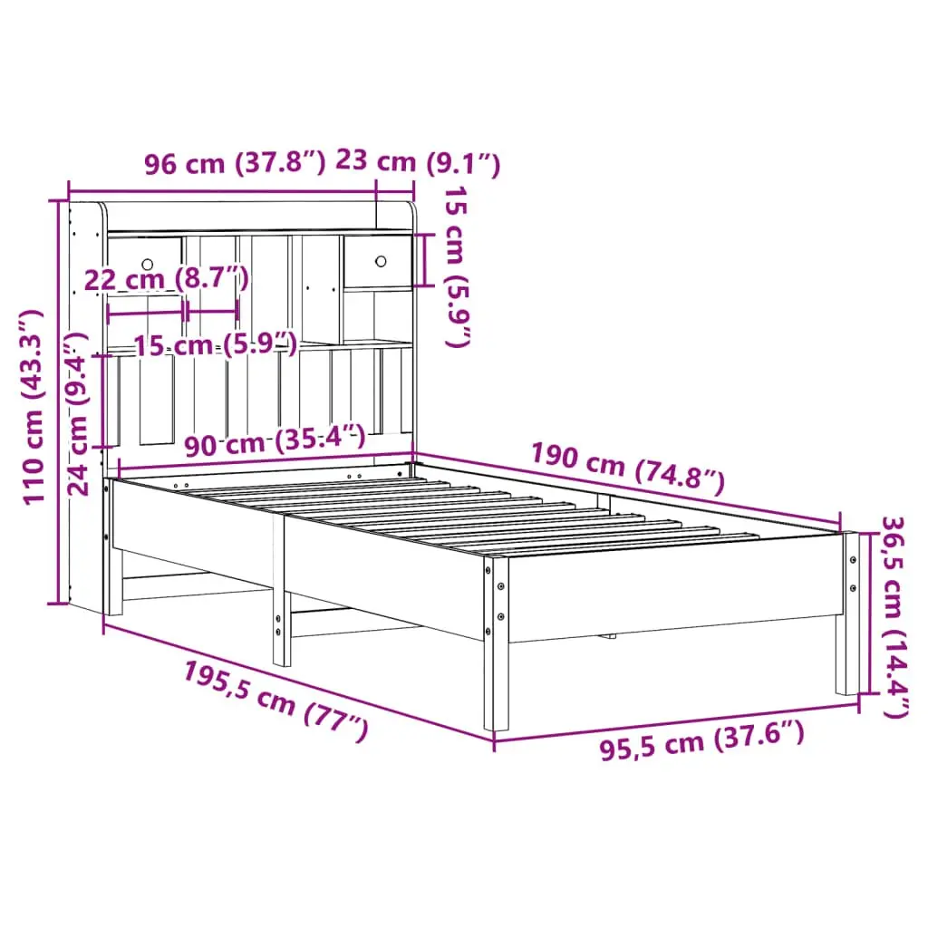 Bookcase Bed Frame 90x190cm Solid Pine Wood Integrated Storage Slatted Base