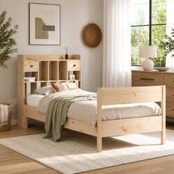 Bookcase Bed Frame Solid Pine Wood 90x190cm Brown Bedroom Furniture Headboard