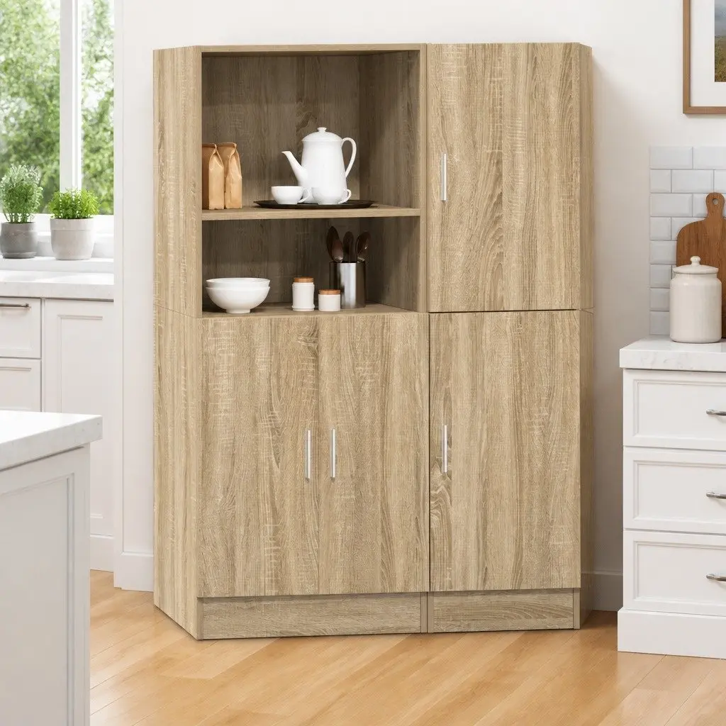 2 Piece Kitchen Storage Shelf Cabinet Set Wall Mounted Organizer Brown Engineered Wood