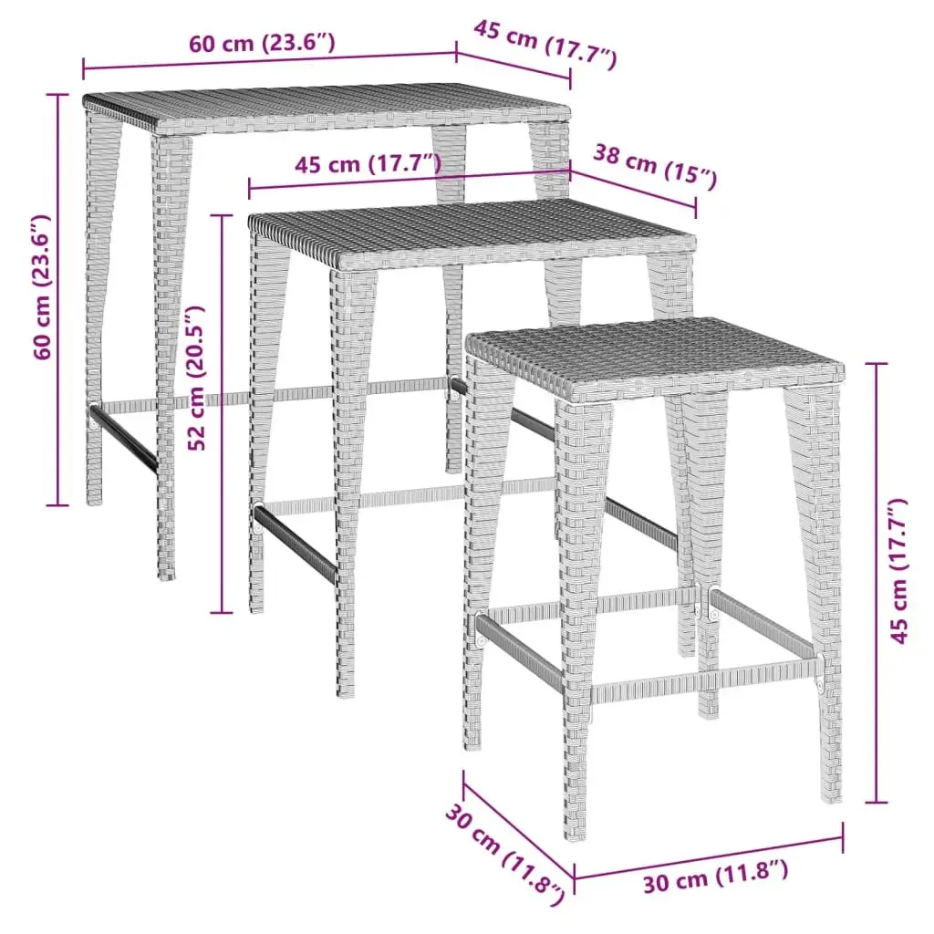Garden Nesting Tables 3 Pcs Brown Stackable Outdoor Furniture