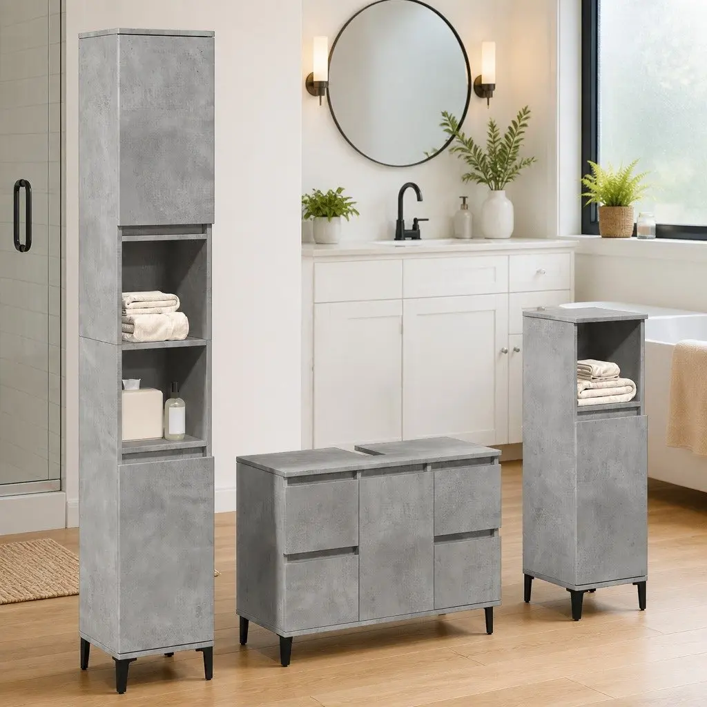 Grey Storage Cabinet Bathroom Set Three Piece Wall Mount Furniture