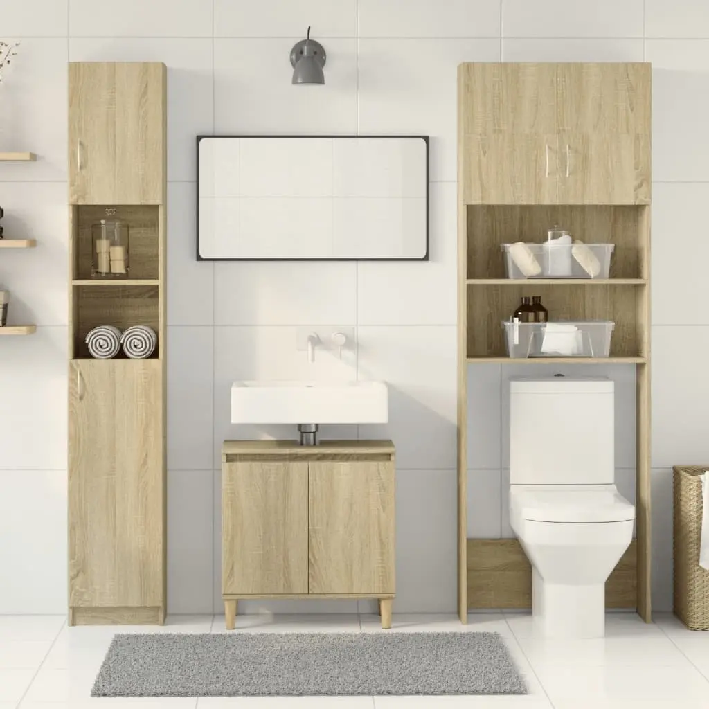 Bathroom Furniture Set 2pcs Sonoma Oak Storage Cabinet Above Washing Machine