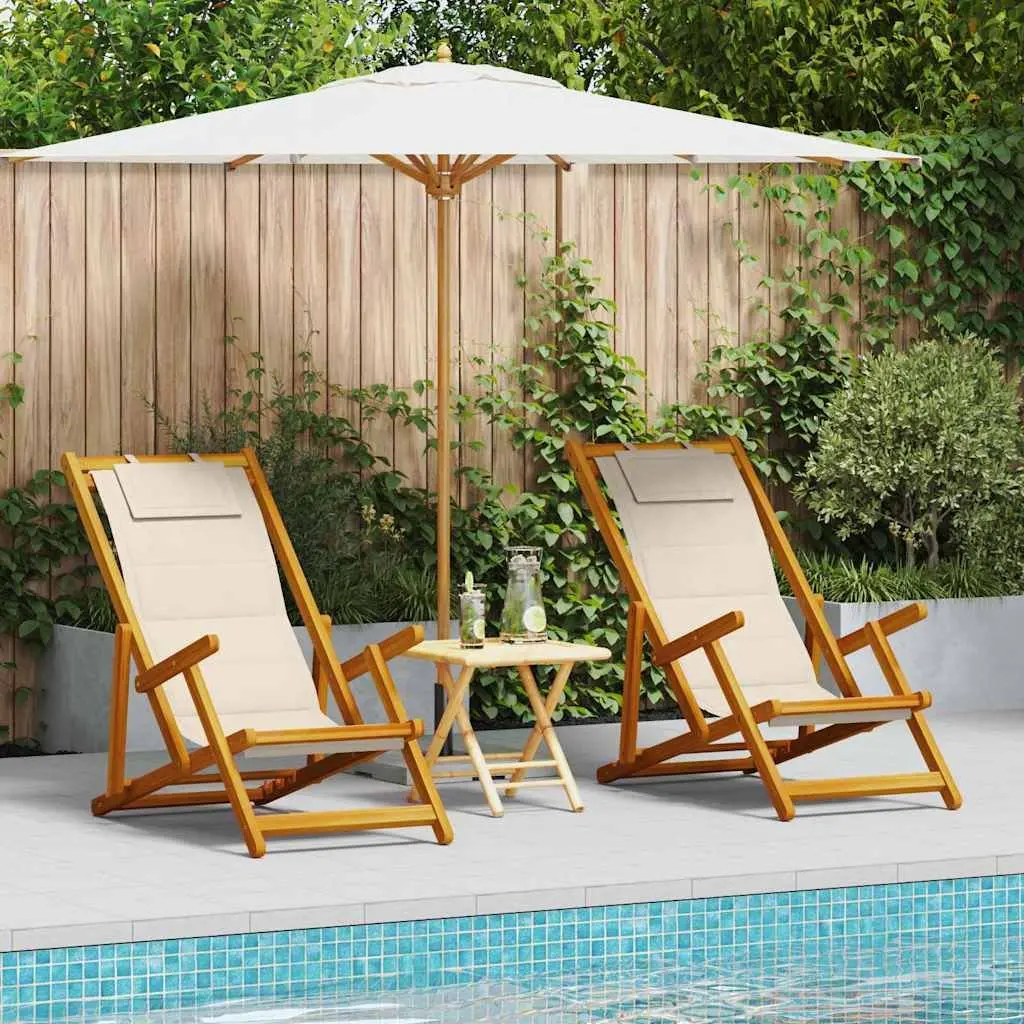 Folding Beach Chair 2 Pcs Reclining Backrest Acacia Wood Textilene Cushion Outdoor Garden Patio