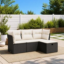 Garden Sofa Set 4 Piece Outdoor Furniture Black Poly Rattan Patio with Cushions