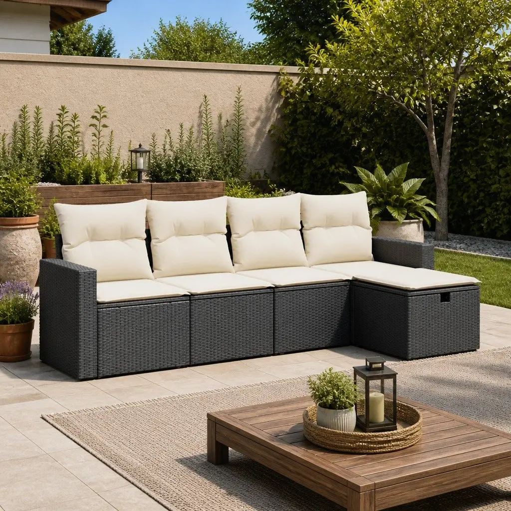 Garden Sofa Set 5 Piece Black Poly Rattan Outdoor Furniture with Storage and Removable Cushion Covers