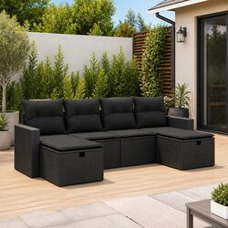Garden Sofa Set 6 Piece Outdoor Furniture Black Poly Rattan Patio Lounge with