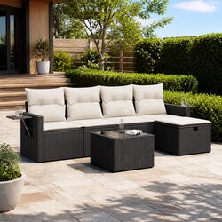 Garden Sofa Set 6 Piece Outdoor Furniture Black Poly Rattan Patio Seating with