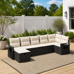 Garden Sofa Set 7 Piece Outdoor Furniture Black Poly Rattan Modular Lounge with