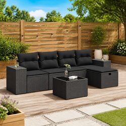 Garden Sofa Set 6 Piece Outdoor Furniture Poly Rattan Black with Cushions