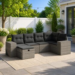 Garden Sofa Set 6 Piece Outdoor Furniture Patio Grey Poly Rattan Modular with