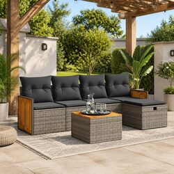 Garden Sofa Set 6 Piece Grey Poly Rattan Outdoor Furniture with Storage Cushions