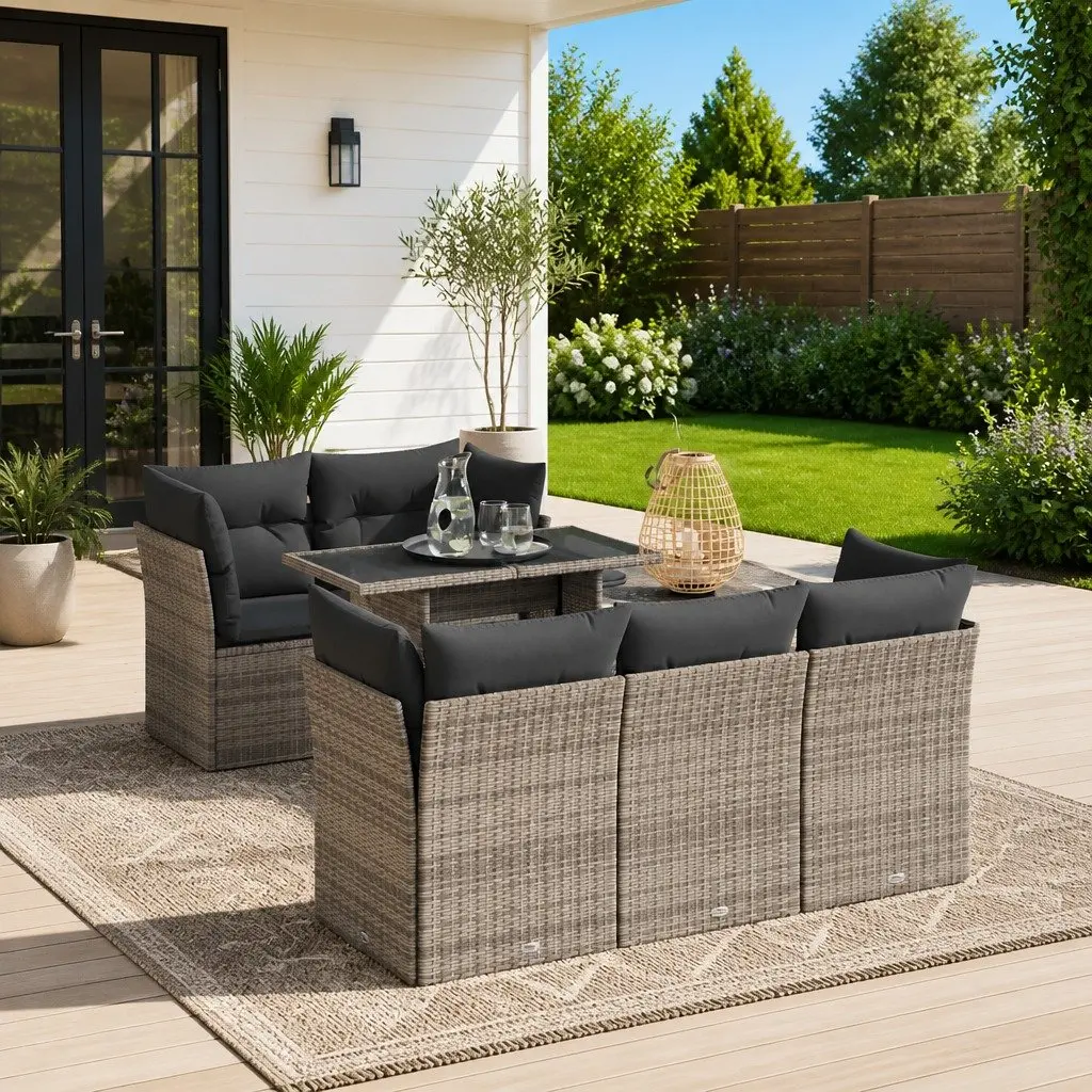 Garden Sofa Set 6 Piece Grey Poly Rattan Outdoor Furniture with Adjustable Table and Storage