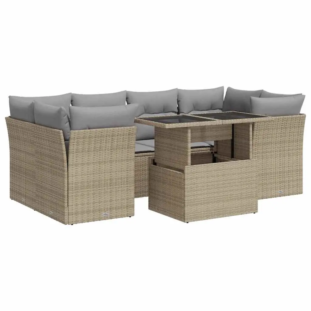 7 Piece Garden Sofa Set Outdoor Patio Furniture Beige Poly Rattan Lounge with Adjustable Table and Storage Function