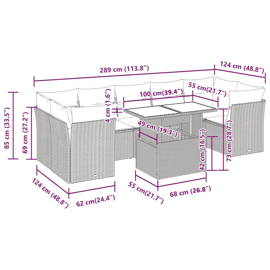 8 Piece Grey Outdoor Sofa Set Poly Rattan with Adjustable Table and Storage Compartments