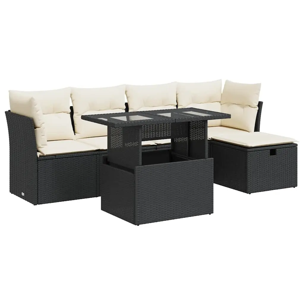 6 Piece Garden Sofa Set Black Poly Rattan Outdoor Furniture with Cushions and Adjustable Table