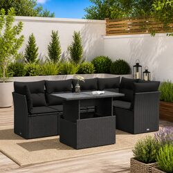 Garden Sofa Set 6 Piece Outdoor Furniture Black Poly Rattan with Cushions