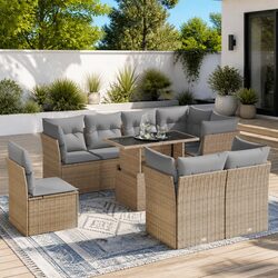 9 Piece Outdoor Sofa Set Garden Patio Furniture Beige Poly Rattan with Cushions