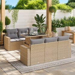 Garden Sofa Set 7 Piece Outdoor Patio Furniture Beige Poly Rattan with Cushions