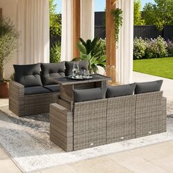 Garden Sofa Set 7 Piece Outdoor Patio Furniture Grey Poly Rattan with Cushions