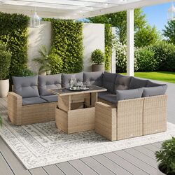 Outdoor 9-Piece Sofa Set - Beige Poly Rattan with Storage