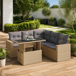 Garden Sofa Set 6 Piece Outdoor Furniture with Storage Cushions Beige Rattan