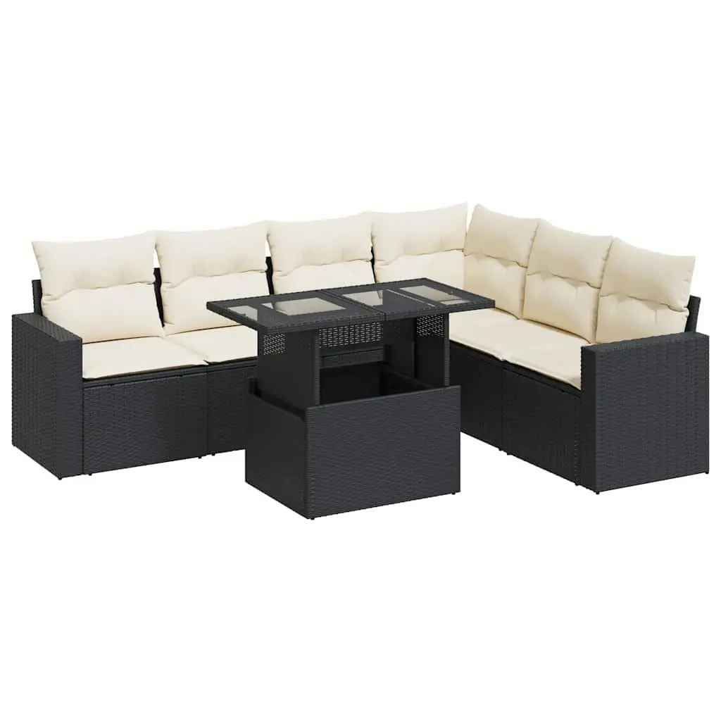 7 Piece Garden Sofa Set Black Poly Rattan Outdoor Patio with Storage Cushions