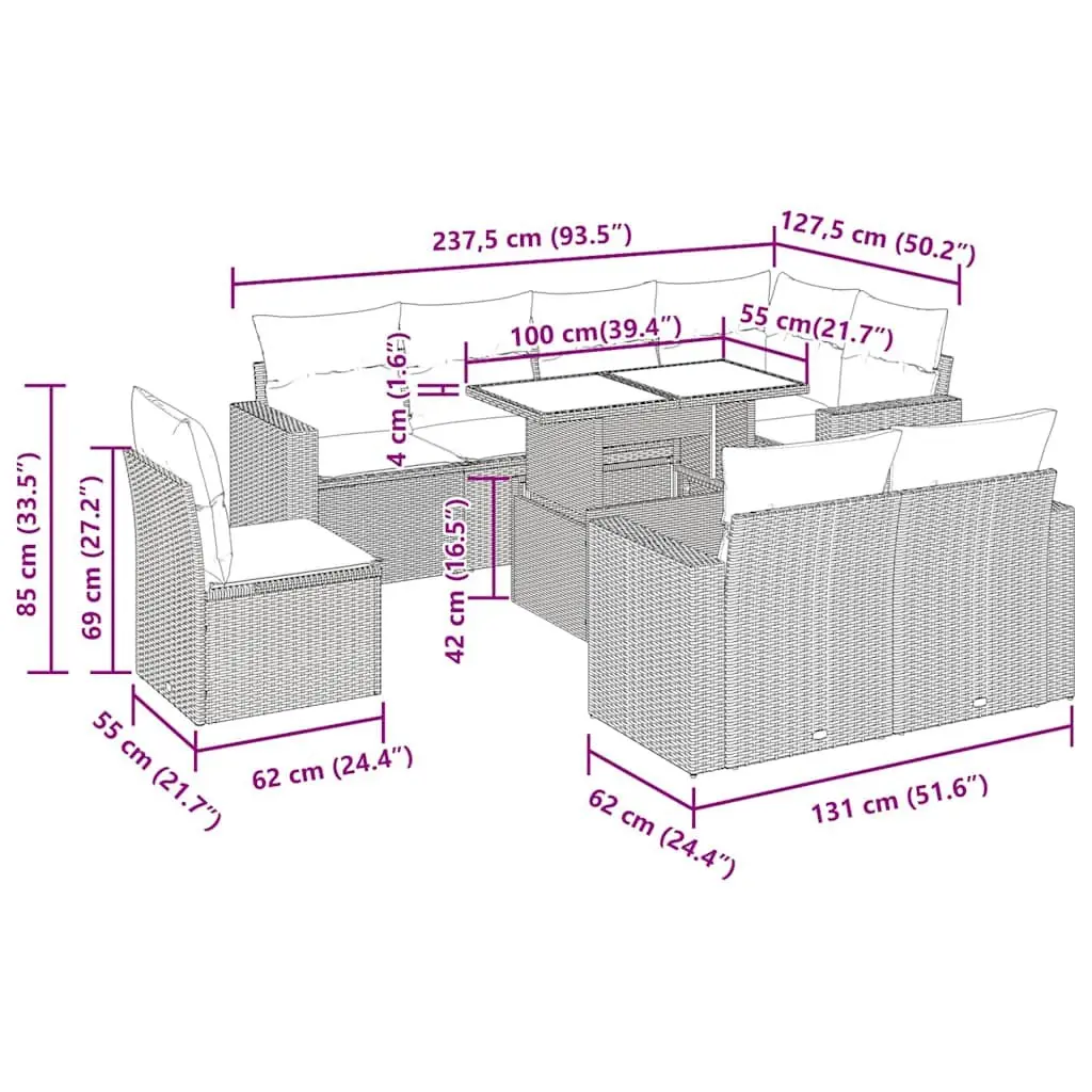 Outdoor Garden Sofa Set 9 Piece Beige PE Rattan with Storage Cushions and Adjustable Table