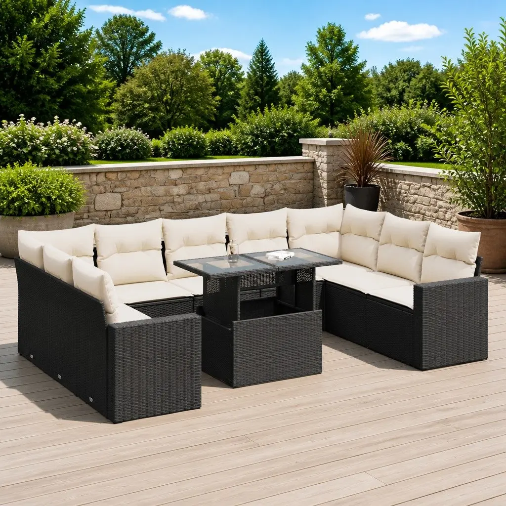 10 Piece Garden Sofa Set Black PE Rattan Outdoor Furniture with Storage Cushions