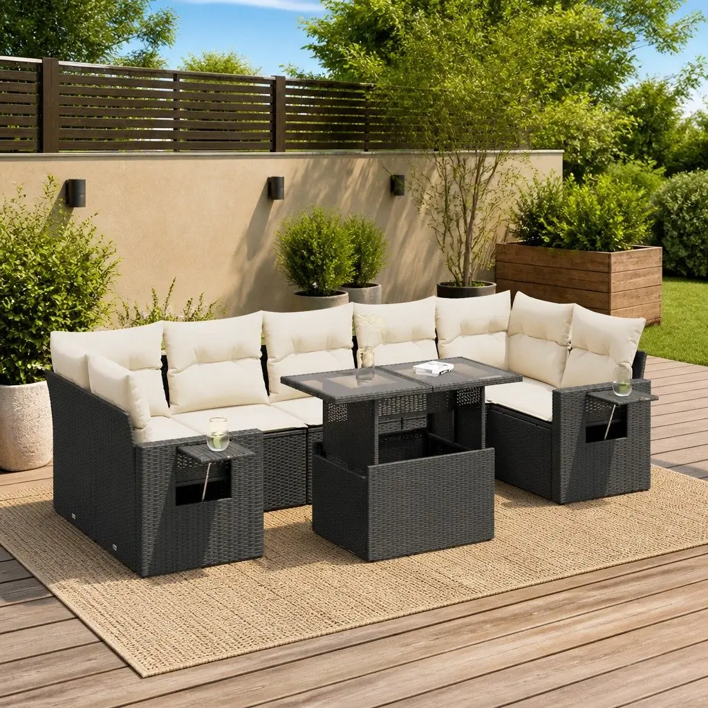 Garden Sofa Set 8 Piece Outdoor Furniture Black Poly Rattan with Cushions and Adjustable Tabletop