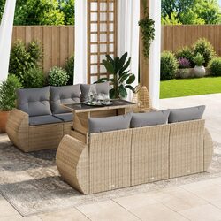 7 Piece Garden Sofa Set Outdoor Patio Furniture Beige Poly Rattan with Cushions