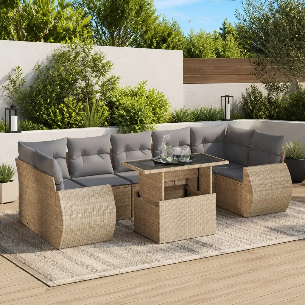 Garden Sofa Set 8 Piece Outdoor Furniture Beige Poly Rattan Patio Lounge with Adjustable Table and Storage Bags