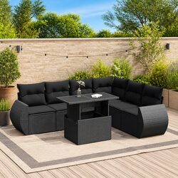Garden Sofa Set 7 Piece Outdoor Furniture Black Poly Rattan Patio Seating with