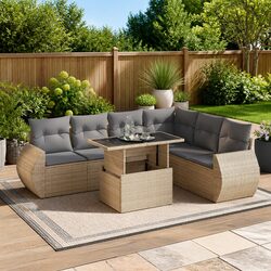 Outdoor Garden Sofa Set 7 Piece Patio Furniture Beige Rattan with Cushions